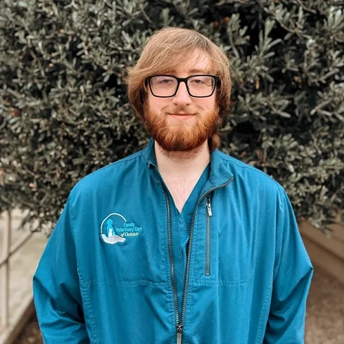 Ty standing outside in front of a bushy tree smiling